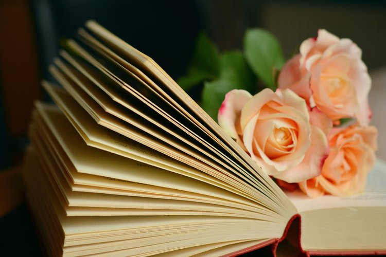Avoin kirja, jonka päällä kolme vaalean oranssia ruusua.